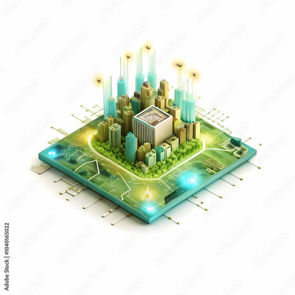 Poster close up microchip city map glowing circuits concept macro shot technology integration smart cities 