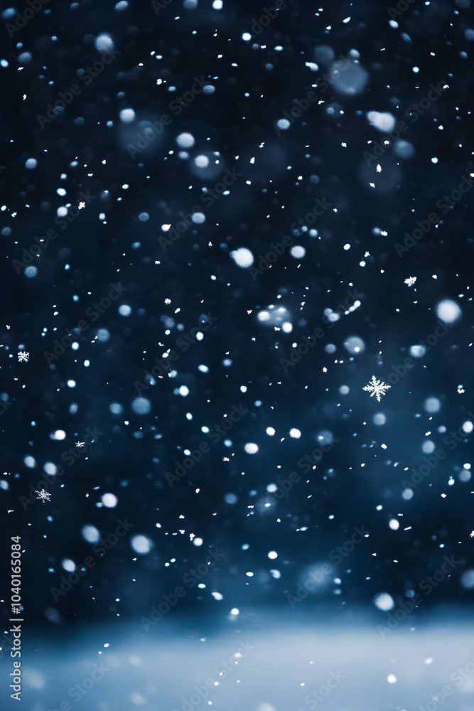 Poster falling snowflakes create a serene and minimalistic atmosphere, gently covering a dark background wi