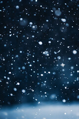 Falling snowflakes create a serene and minimalistic atmosphere, gently covering a dark background with a frosty shimmer and a sense of calm