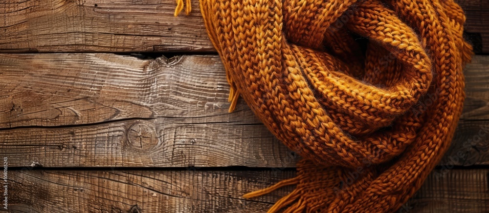 Aufkleber a knitted scarf displayed on a wooden table from a top view offering ample space for text alongside 