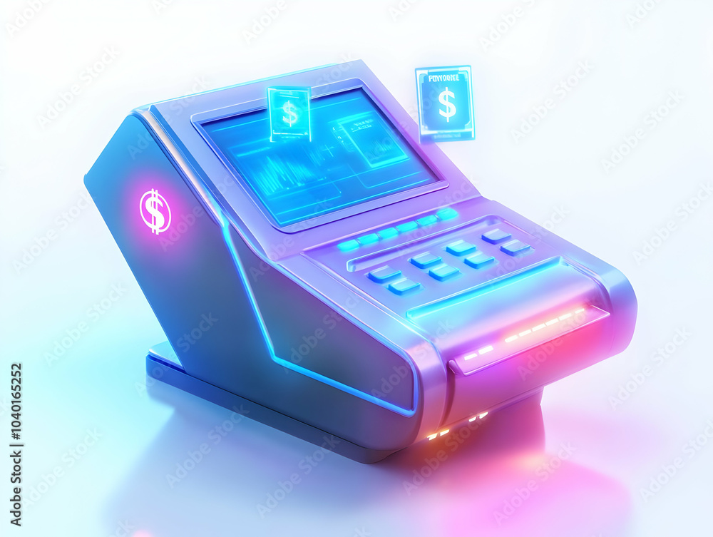 Poster flat payment terminal glowing dollar icon concept modern simplistic vector illustration overhead ang