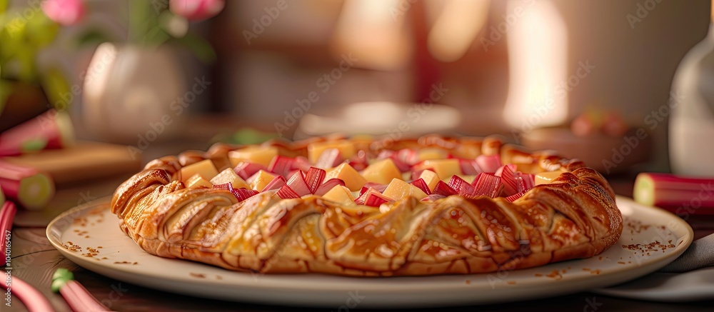 Poster a delicious rhubarb and custard galette on a plate with a smooth surface ideal for adding text or gr