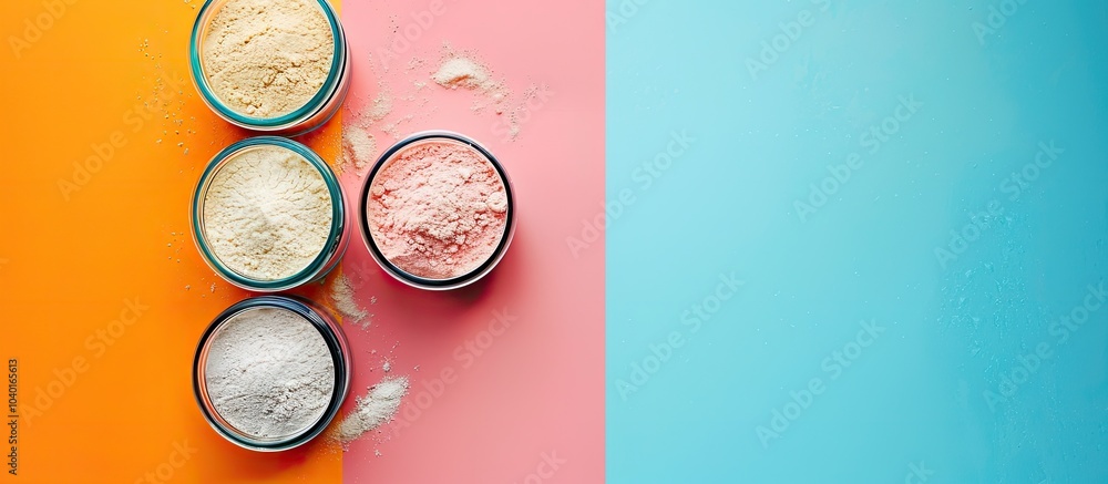 Poster top view of jars containing protein powder on a colorful background creating a concept for sports nu