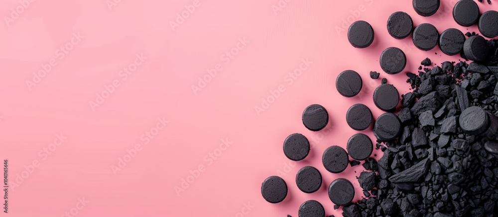 Poster tablets of activated charcoal displayed on a pink backdrop with copy space image
