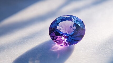 A radiant tanzanite gemstone reflecting deep blue and purple hues, placed on a smooth white surface