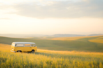 A rustic yellow van parked in a vast grassy field under a soft sunlight, evoking a sense of adventure and tranquility in nature