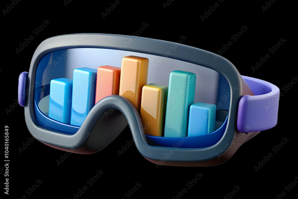 Poster virtual reality glasses close-up reflecting business charts | macro lens shot immersive ai analytics