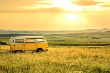 Fototapeta premium A rustic yellow van parked in a vast grassy field under a golden sunset creates a serene and adventurous atmosphere