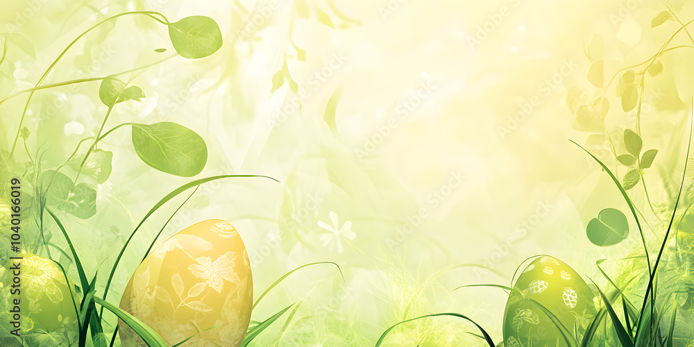 Poster soft shades of green create a serene abstract background with delicate patterns on colorful eggs nes