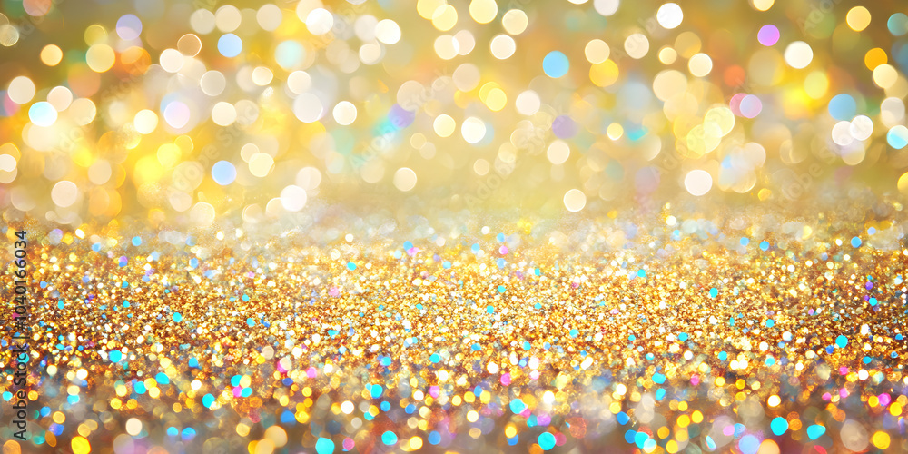 Poster a beautiful abstract background features shimmering golden glitter with colorful bokeh lights creati