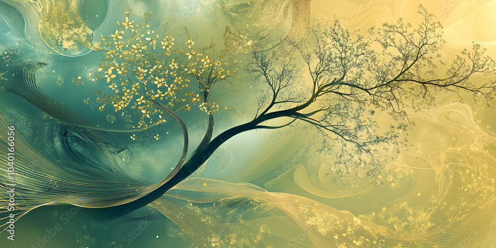 Aufkleber a vivid abstract background features a stylized tree with intricate branches and golden leaves set a