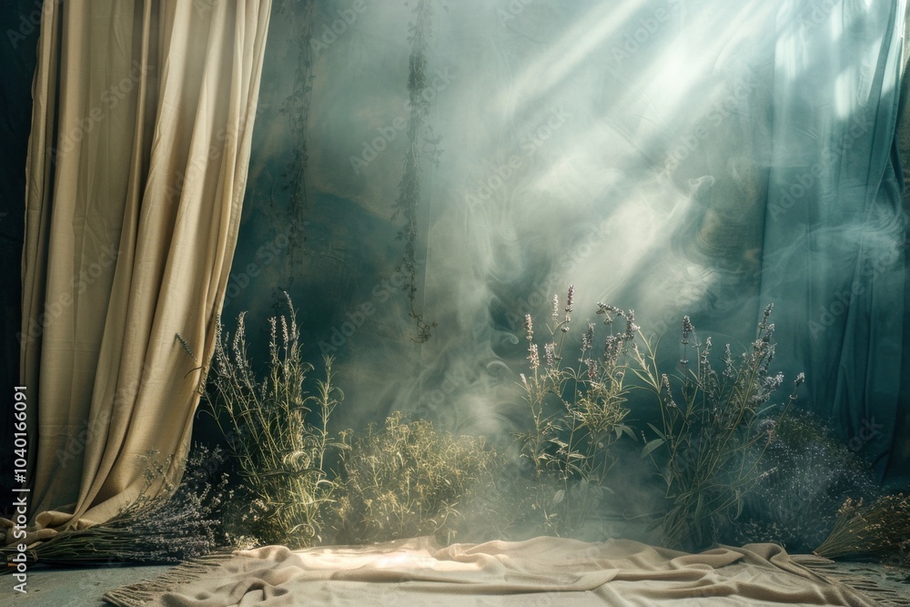 Poster rustic bohemian style deep forest green studio backdrop with a matte finish, beige curtains with nat