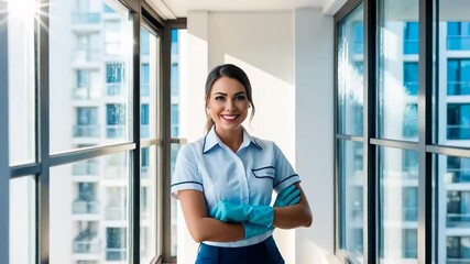 portrait woman smiling in protective gloves, house cleaning service