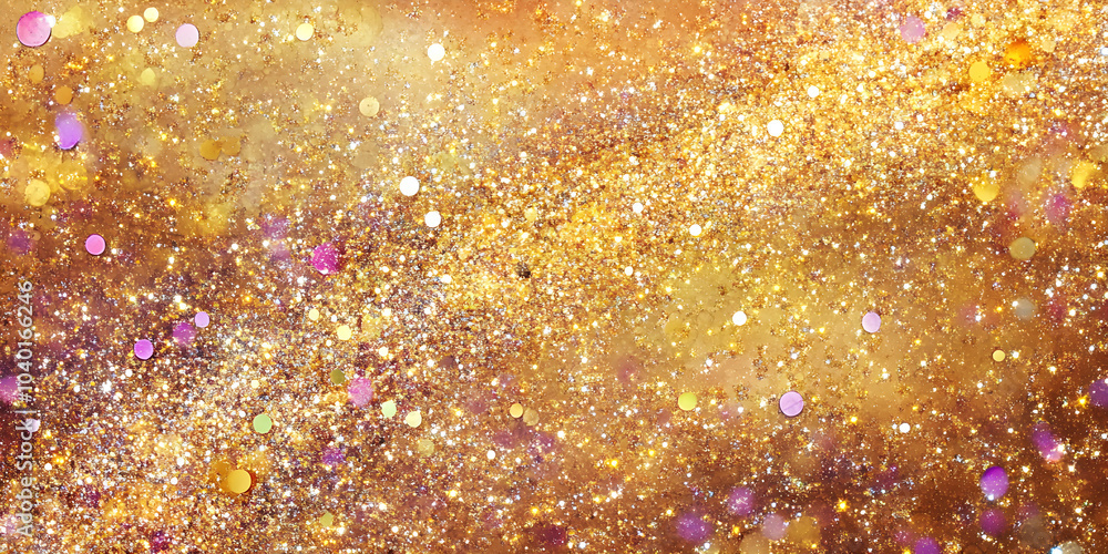 Poster an abstract background features shimmering gold and purple particles, creating a dazzling and vibran