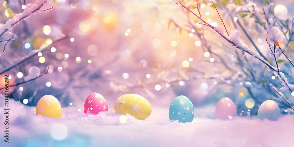 Poster colorful easter eggs are arranged in pristine snow, surrounded by delicate branches and soft bokeh l