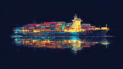 Obraz premium A container ship sailing on a dark blue sea with a digital pixelated effect, creating a futuristic look.