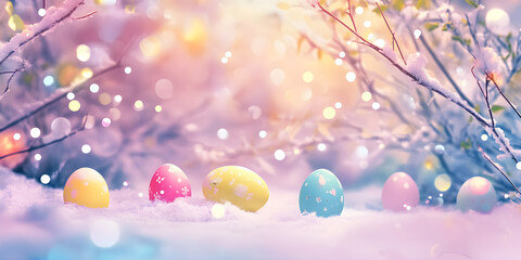 Colorful easter eggs are arranged in pristine snow, surrounded by delicate branches and soft bokeh lights creating a magical, festive atmosphere