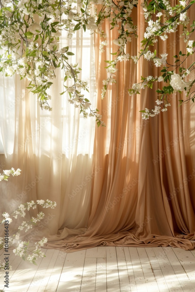 Aufkleber rustic scandinavian style muted beige studio backdrop with a matte finish, soft brown curtains with 