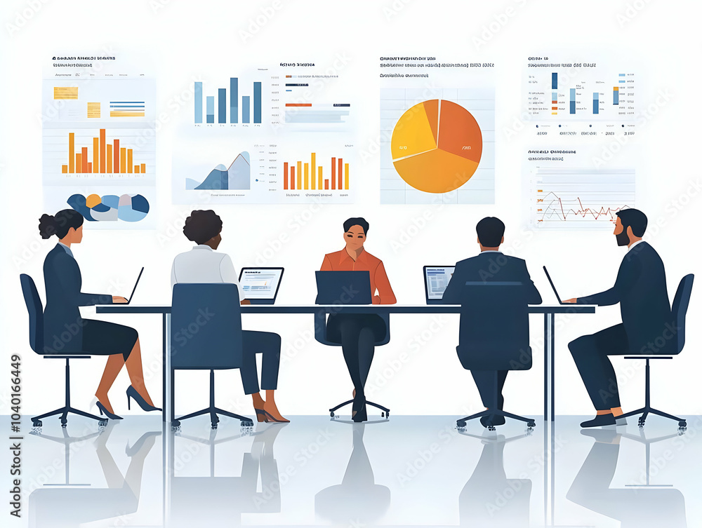 Poster flat business team analyzing data glossy background copy space medium shot team collaboration decisi