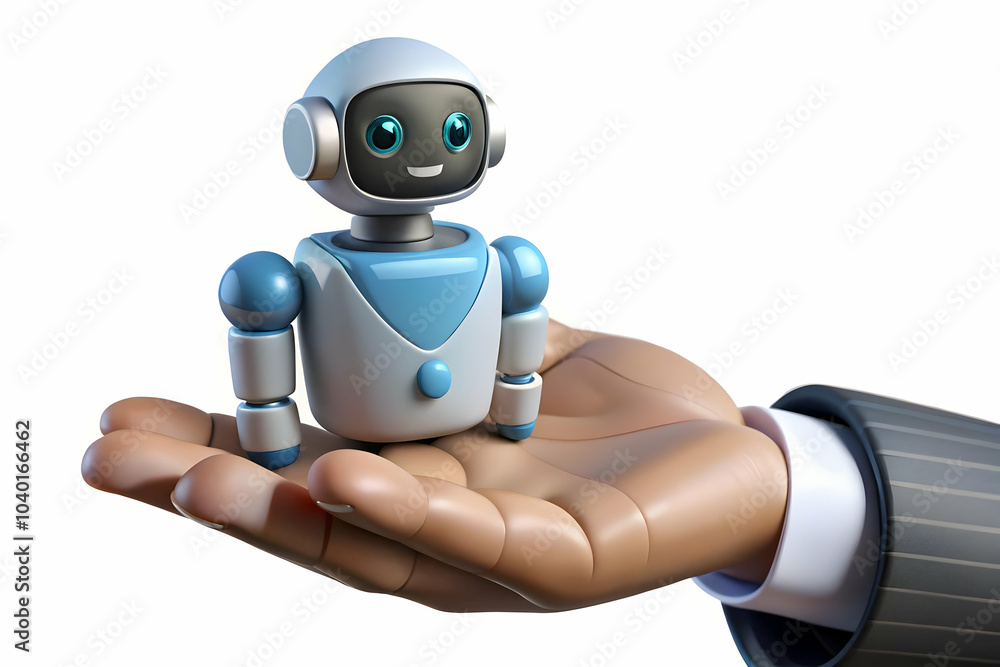 Poster macro shot human hand tiny ai robot close up image symbolizing control collaboration humans ai busin