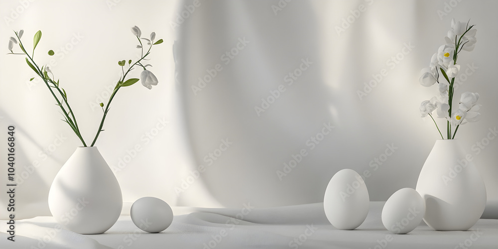 Poster a serene composition featuring elegant white vases with flowers and smooth eggs against a soft fabri