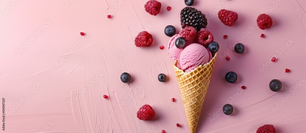 Poster Berries in an ice cream cone placed on a pink backdrop with space for additional images