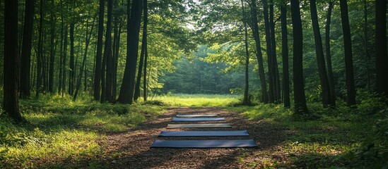 Four yoga mats laid out on a path in a forest.