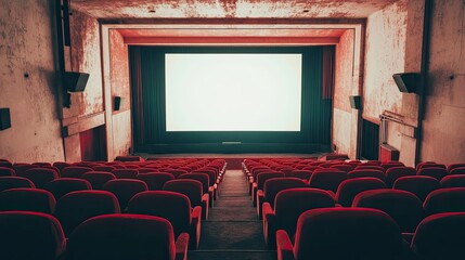 Fototapeta premium A spacious empty movie theater with red velvet seats and a blank screen, awaiting the start of a film, set against a white background
