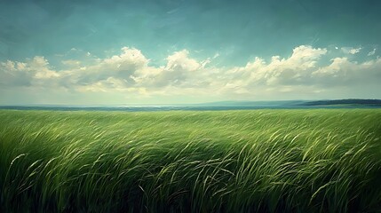 Fototapeta premium A field of green grass blowing in the wind under a blue sky with white clouds.