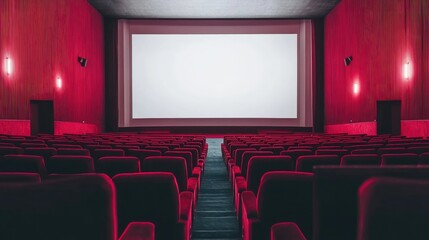 A spacious empty movie theater with red velvet seats and a blank screen, awaiting the start of a film, set against a white background