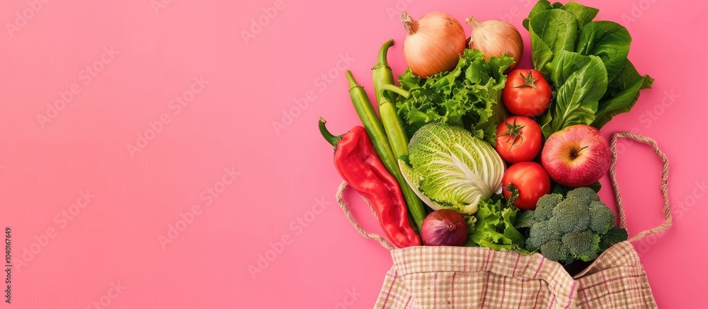 Poster top view of a variety of vegetables in a string bag against a bright pink background with room for t