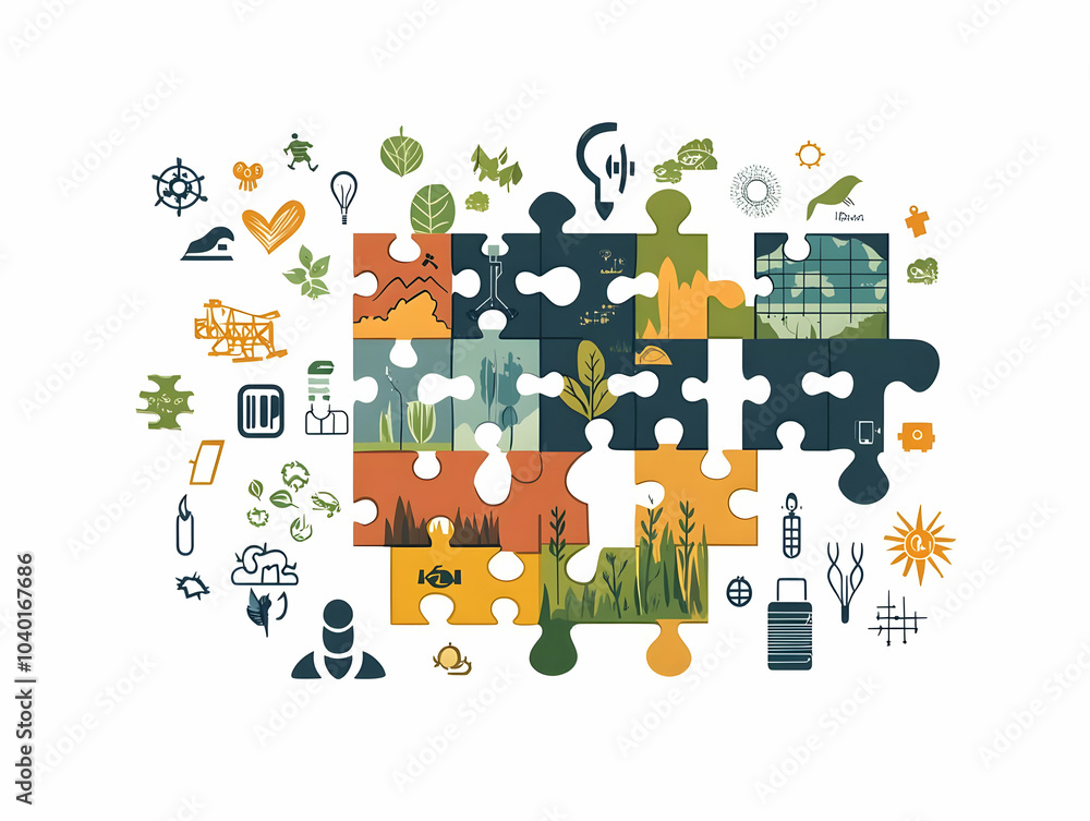 Poster flat close up puzzle pieces environmental icons macro shot interlocking pieces collaboration problem