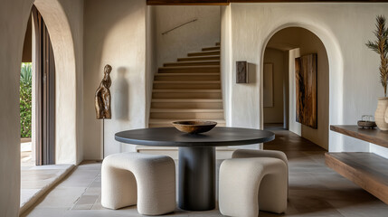 Minimalist interior design of modern dining room with sculptural decor and arched entryway
