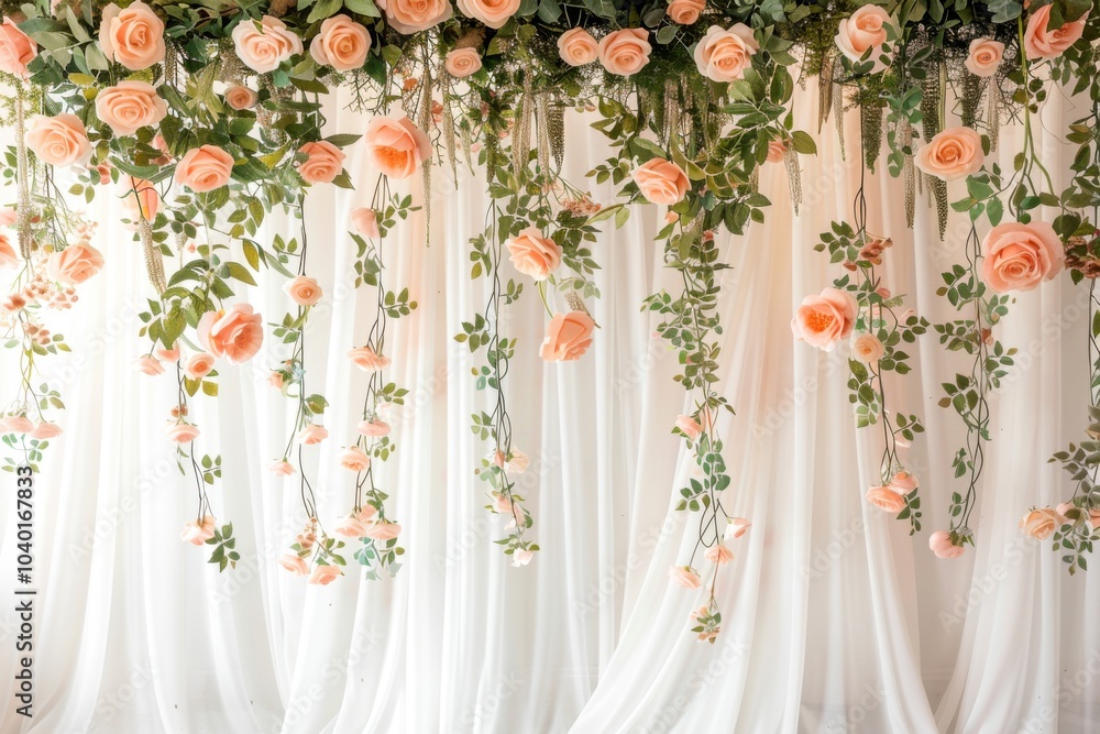Poster Scandi-Boho style muted coral studio backdrop with a matte finish, off-white curtains with relaxed draping, adorned with clusters of peach roses and trailing ivy, with light fog haze and spotlight