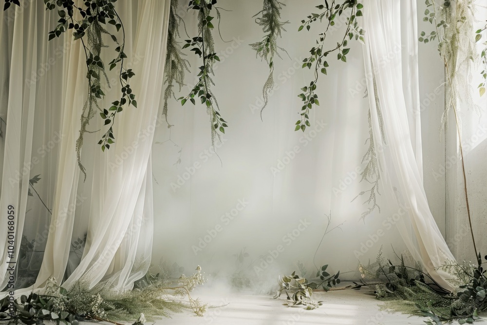 Poster scandi-boho style muted sage studio backdrop with a matte finish, white sheer curtains with casual d