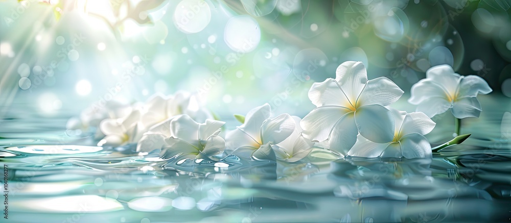 Poster summer themed backdrop featuring jasmine flowers floating in water on a blurred background ideal for