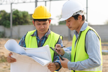Builder engineer and supervisor consultant inspection job plan  concept, Asian contractor and foreman looking blueprint in computer laptop and checking process plan of factory warehouse construction