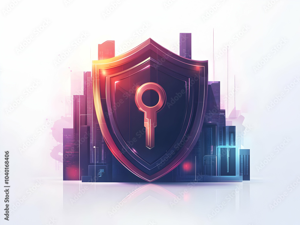 Poster flat shield floating key white background business security responsibility vector illustration glowi