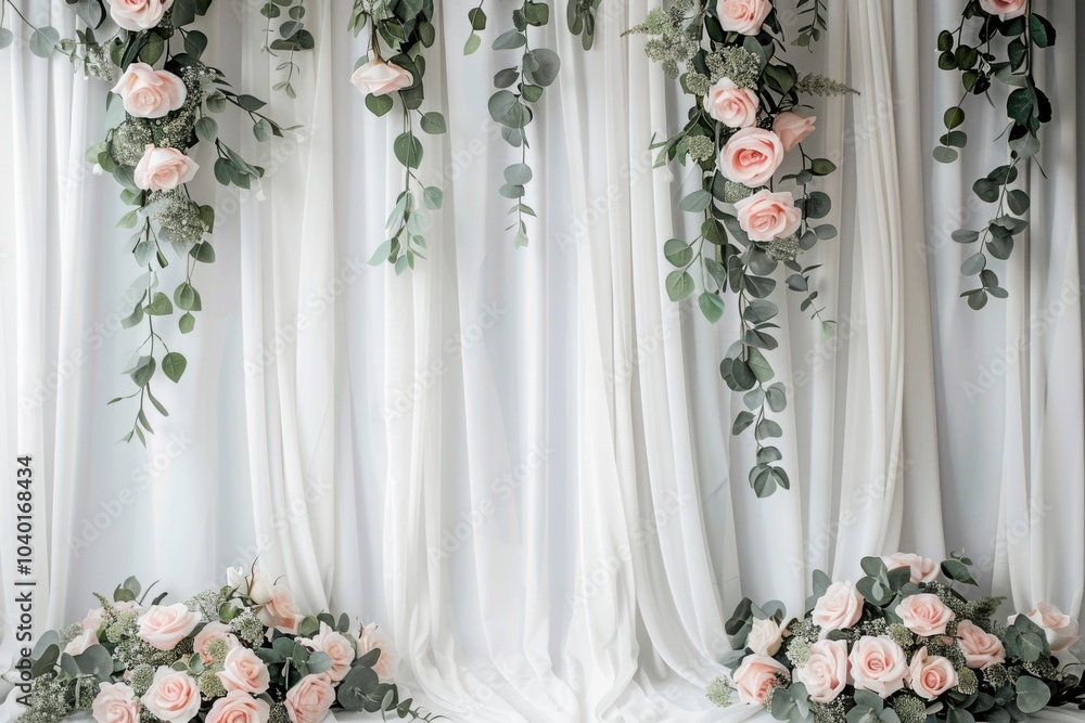 Poster Scandinavian Minimalist style pale gray studio backdrop with a matte finish, white linen curtains with smooth draping, accented by clusters of soft pink roses and trailing eucalyptus