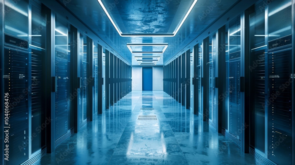 Poster secure server room with biometric access, advanced surveillance cameras, and reinforced server racks