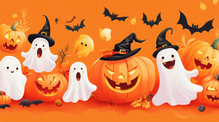 Halloween scene with ghosts, pumpkins, and bats