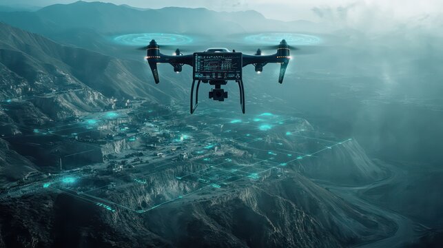 Advanced Surveillance Drone with AI and Tactical Interface &ndash; Aerial Reconnaissance in Futuristic Landscape