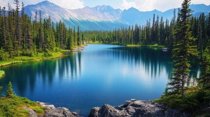 Top view of a quiet lake in the Canadian wilderness with open space for copy
