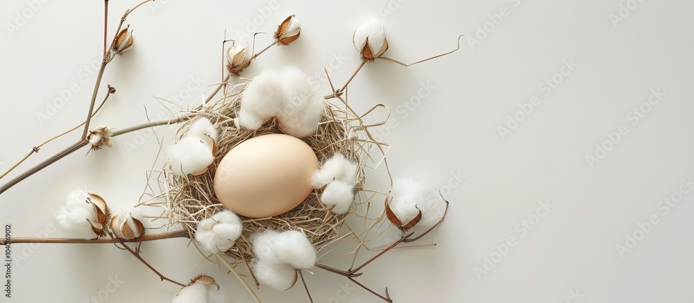 Poster top view of a chicken egg nestled in a cotton branch with a white background for a copy space image