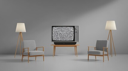 Black and white TV with static on screen in a cozy room, dim lighting, soft shadows, retro furniture and lamps, very realistic