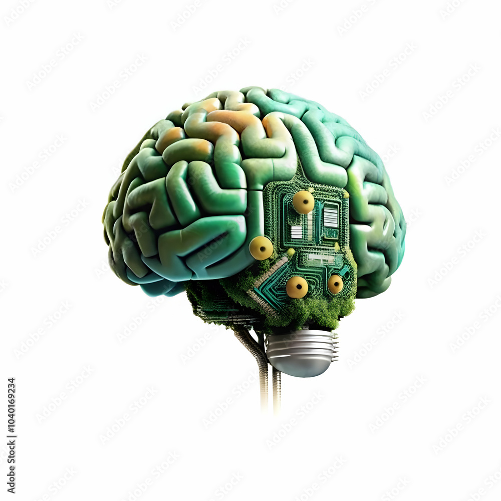 Poster close up human brain model with ai circuits glowing enhancing cognition in business creative concept