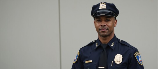 Portrait of an African American police officer in uniform against a blurry backdrop