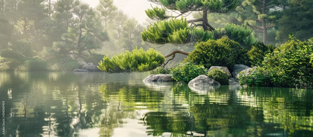 Poster evergreen plants like spruce and thuja are mirrored in the tranquil waters of the magic pond set in 