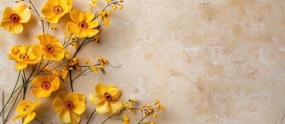 Poster top view of yellow flowers on a beige surface with ample copy space in the image