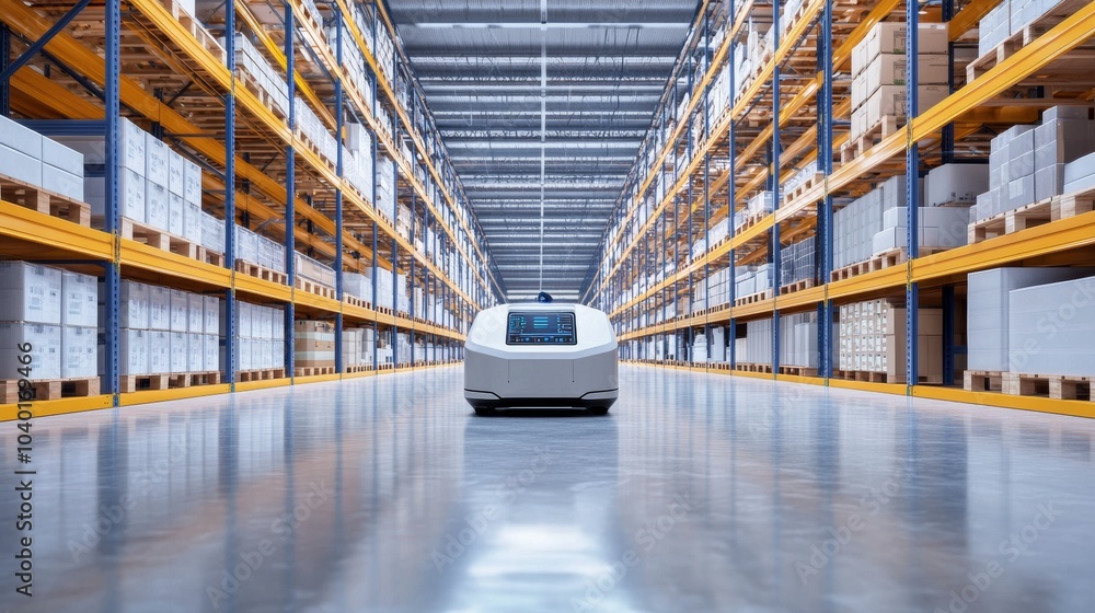Poster A robot managing automated warehouse inventory in a clean, modern warehouse with advanced shelving systems and organized inventory technology, Warehouse inventory tech style